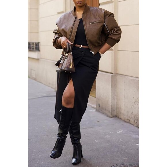 Women Brown Faux Leather Cropped Bomber Jacket Baseball Collar Zip Up - Picture 4 of 7